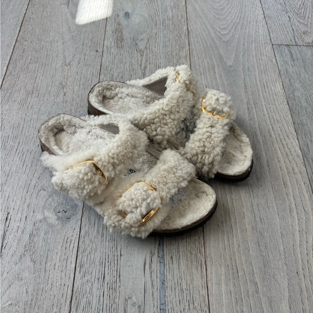 Cozy Shearling Birkenstock Sandals with Gold Buckles